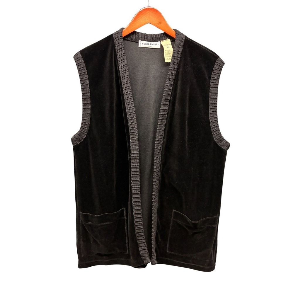 Sonia Rykiel Velour Open Front Vest Womens XS Black France Quiet Luxury Vintage